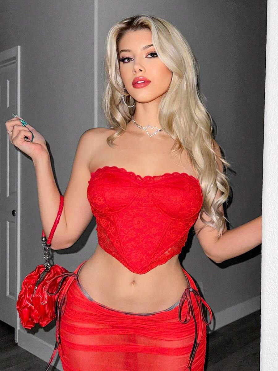 Sweetina Ladies' Red Lace Patchwork Strapless Slim Fit Datting Top - Red - View 1