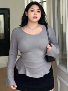 Dazy Petite Plus Áo thun gân màu trơn cỡ lớn cho nữ, Áo dài tay thời trang thu đông cho nữ - Xám - Xem 5