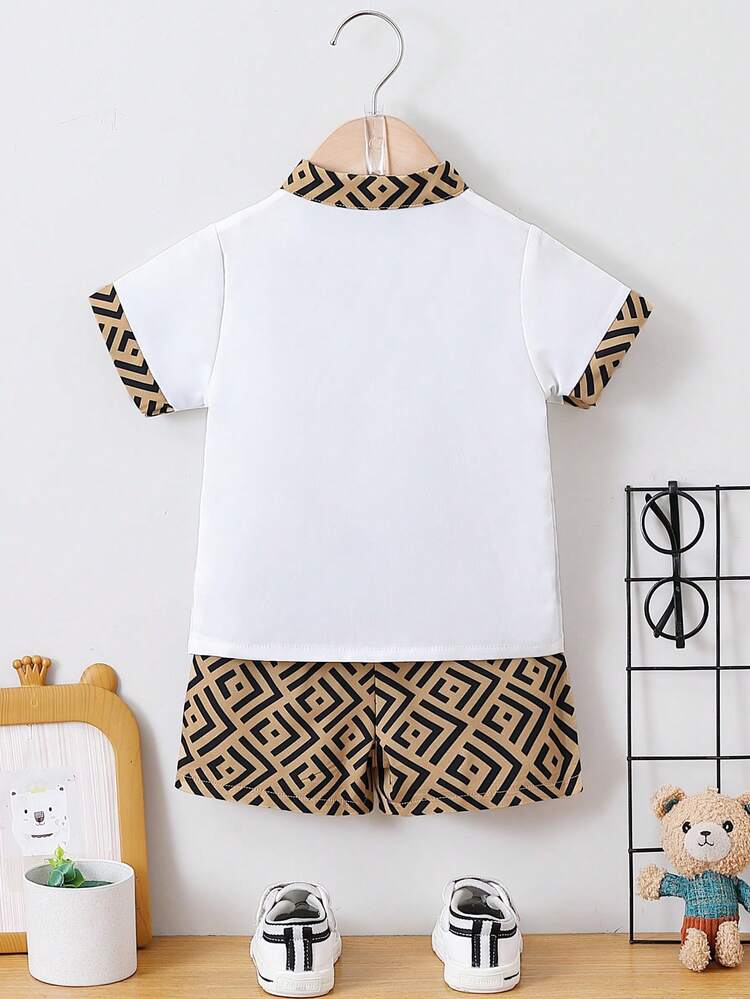 Baby Boy'S Geometric Print Stand Collar Short Sleeve Shirt And Shorts Set