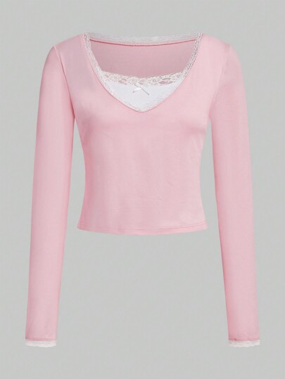 Kawaii تيشرت بأكمام طويلة وحواف دانتيل جميل ولطيف وبلوك ذو ألوان مختلفة