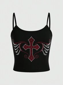 ROMWE Grunge Punk 3pcs/Set Star, Cross, Heart Design Rhinestone Detail Cami Tops Set, School - Multicolor - View 6