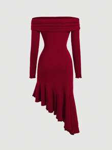 SHEIN MOD 女式露肩不对称下摆连衣裙 - 酒紅色 - 查看 2