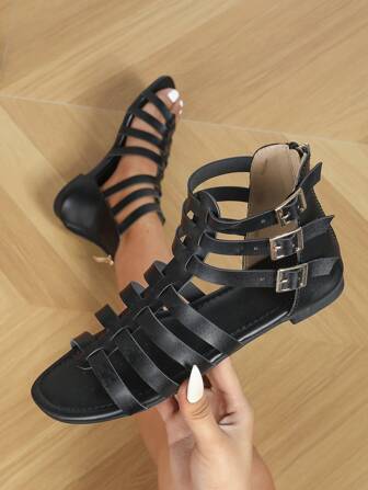 New Spring/Summer Women'S Sandals With Multi-Strap Decorations For Holiday, Casual And Outdoor, Slip-On Black Sandals With Non-Slip Sole, Fashionable Flat Sandals For Women