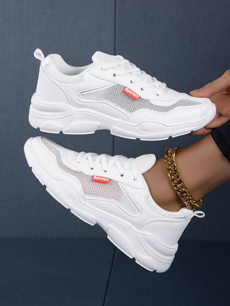 Zapatos Deportivos Para Mujeres, Zapatillas De Correr Transpirables Con Malla Y Diseño Moderno, Ligeros Y Cómodos, Con Capacidad Antideslizante Y Cierre De Cordones, Para Deportes Casuales, De Color Blanco - Blanco - Añade 1