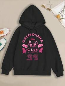 INAWLY Floral & Slogan Printed Drawstring Hoodie - Black - View 5