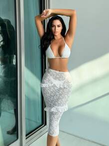 SHEIN Swim Women's Frill Mesh Hem Skirt Summer - White - View 3