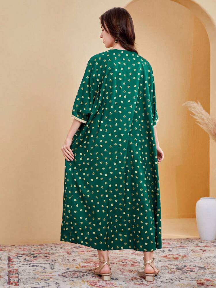 Teenage Girl's Floral Printed Gold Weave Belt Coat And Asymmetric Neckline Belted Dress Two-Piece Set