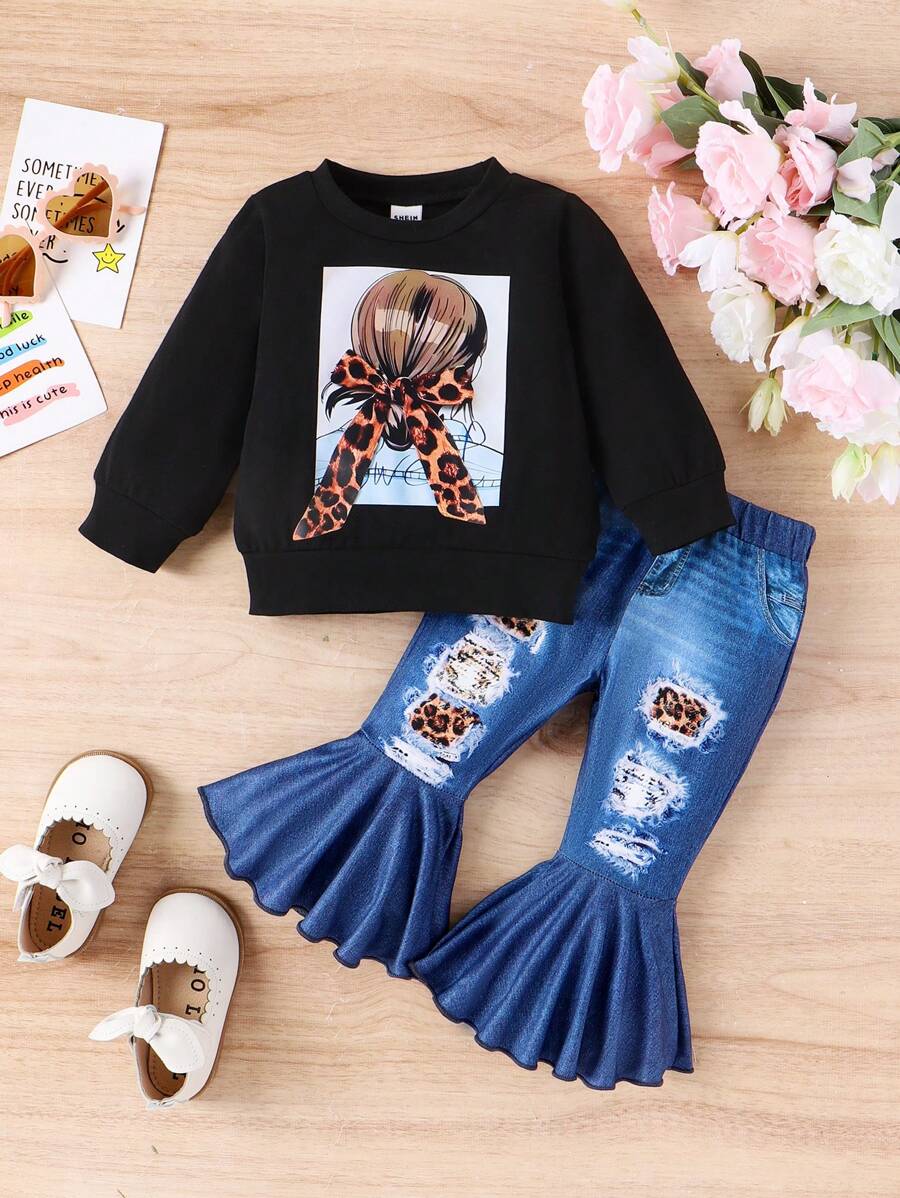 SHEIN Baby Girl Character Print Top And Denim Effect Flared Pants Set - Black - View 1