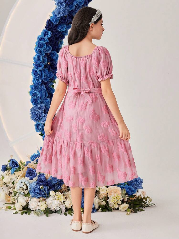 Tween Girls' Floral Jacquard Short Puff Sleeve Bubble Dress