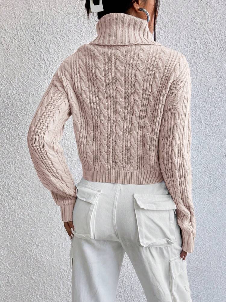 Turtleneck Cable Knit Drop Shoulder Sweater