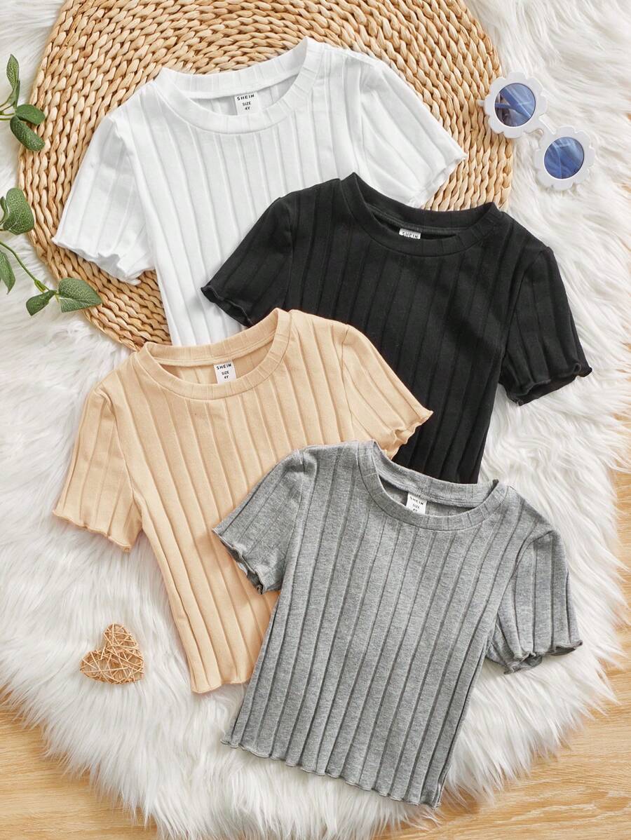 SHEIN Leap Crew Cô Gái Trẻ Giải trí Thoải mái Màu thuần Ngắn tay 4 cái/bộ Áo thun - Màu be - Xem 1