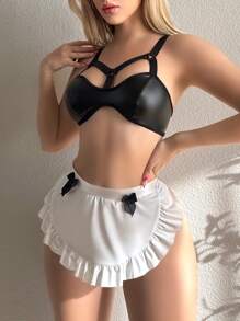 3 Piezas/set Conjunto De Lencería Sexi Para Mujer Con Decoración De Borde De Volante Y Hueco (sujetador Sin Alambre, Tanga, Faja)
