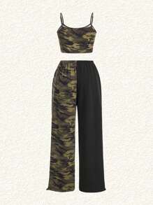 SHEIN EZwear Conjunto De Top Y Pantalones De Punto Sin Tirantes Para Mujer Con Estampado De Letras Y Estrellas