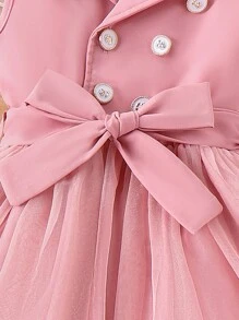 SHEIN Young Girls' Elegant And Gorgeous Sleeveless Mesh Stitching Dress With Suit Collar, Perfect For Spring And Fall Vacation Summer Holiday - Pink - View 5