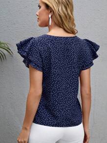 SHEIN Clasi 双层波点印花编织荷叶边袖衬衫，短袖上衣