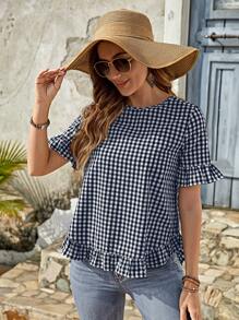 EMERY ROSE Women's Black And White Plaid Print Ruffle Trim Short Sleeve Round Neck Summer Blouse