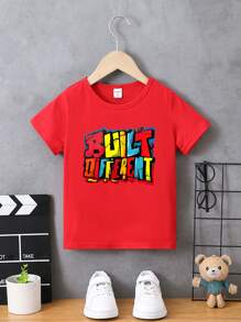 SHEIN Young Boy Letter Print T-Shirt - Red - View 1