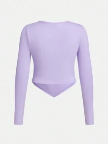 SHEIN Teen Girls' Ribbed Knit Star Pattern T-Shirt And Pleated Pants Casual 2pcs/Set - Mauve Purple - View 4