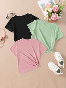 SHEIN 3 Stücke/Set Kleine Mädchen Lässig süßes T-Shirt mit Cartoon-Katze und farbigem Einhorn-Kronen-Wolkenmuster und kurzen Ärmeln, wunderbarer Stil