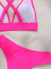 SHEIN Swim Conjunto de bikini de unicolor para playa de verano, festival de música - Rosa Fucsia - Ver 6