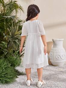 SHEIN Young Girls' Elegant Floral Embroidery Dress With Ruffle Hem - White - View 3