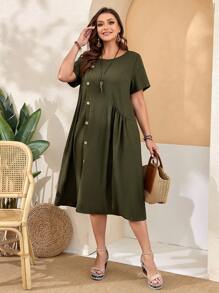 EMERY ROSE Vestido verde para mujer de talla grande, con bolsillos, manga corta, cuello redondo, ajuste holgado y aberturas laterales, ideal para la primavera - Verde militar - Ver 5