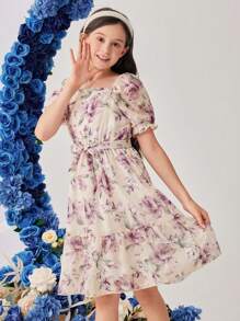 SHEIN Dziewczyny Krótki Rękaw Elegancki Sukienka w kwiatki