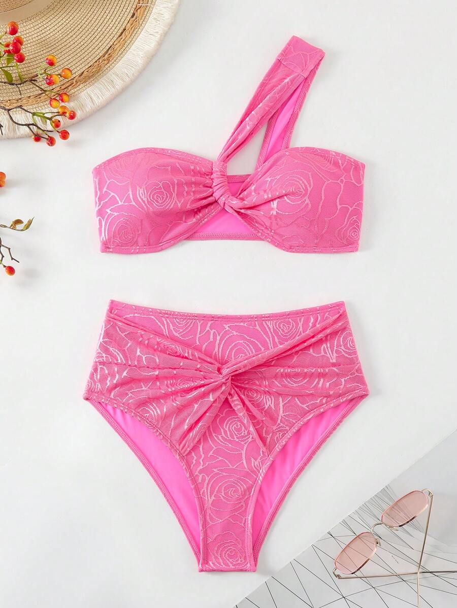 SHEIN Swim Summer One Shoulder Jacquard Bikini Swimwear Set Valentine - Hot Pink - View 1