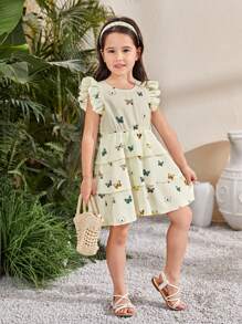 SHEIN 少女蝴蝶圖案圓領短袖休閒連衣裙,彈性腰帶款式 - 彩色 - 查看 6