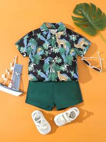 2入組嬰兒男童熱帶植物與動物印花短袖衫和短褲套裝,適用於夏季假期 - 黑色 - 查看 1