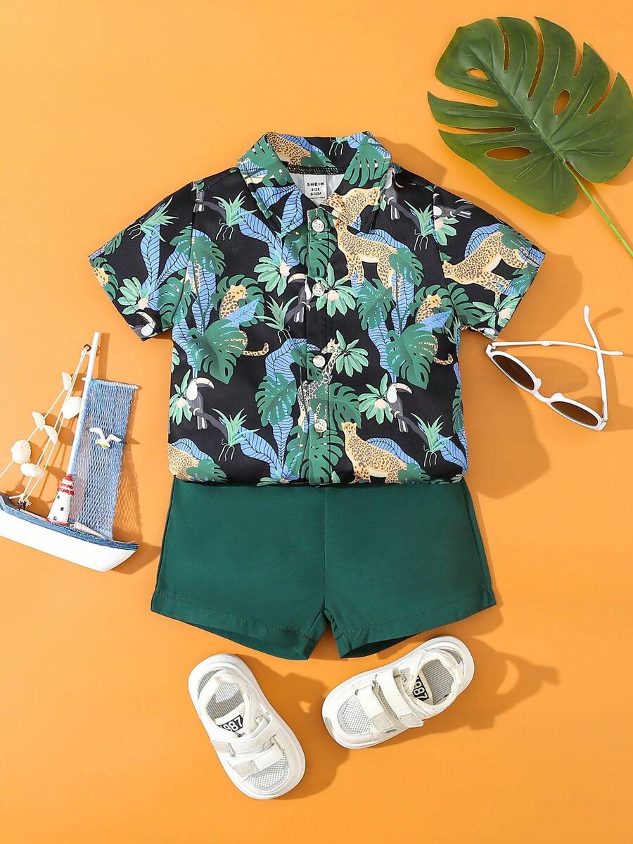 2入組嬰兒男童熱帶植物與動物印花短袖衫和短褲套裝,適用於夏季假期 - 黑色 - 查看 1