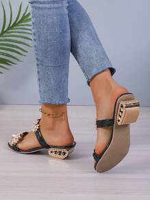 2025 Summer New Women's Fashion Crystal Mid-Heel Square Toe Strap Open Toe Sandals - Black - View 2