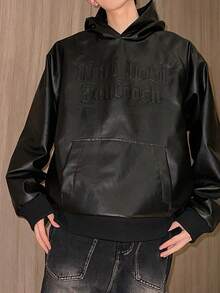 1pc Letter Print Pu Leather Hoodie Sweatshirt - Black - View 1