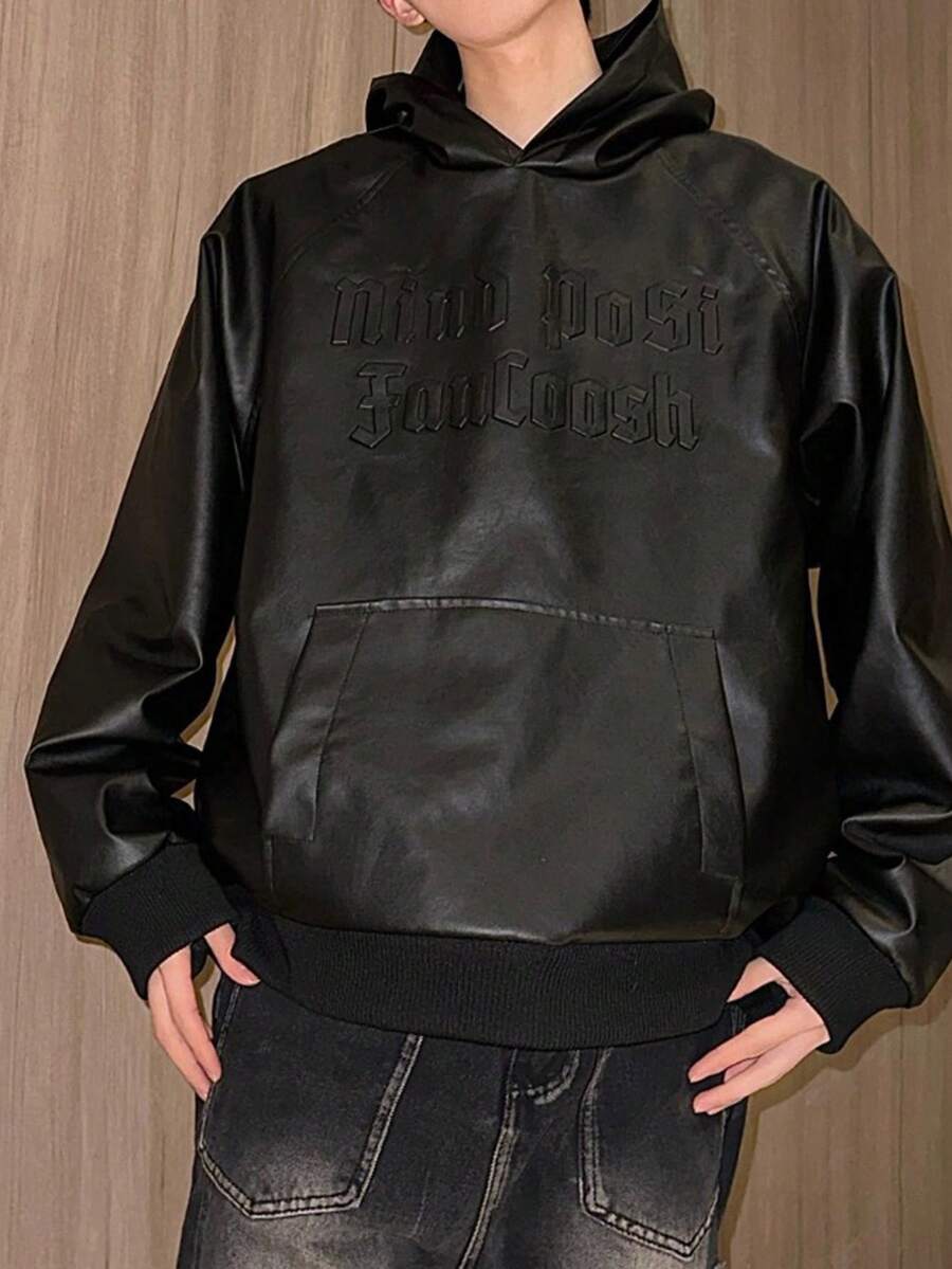 1pc Letter Print Pu Leather Hoodie Sweatshirt - Black - View 1