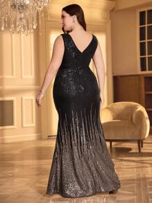 UNITHORSE Plus Size Sequin Decor V-Neck Sleeveless Formal Dress Party Dress Wedding Guest Dress Evening Dress, Bride Dress, Birthday Women Outfits, Graduation Dress,Gown - 黑色 - 查看 2