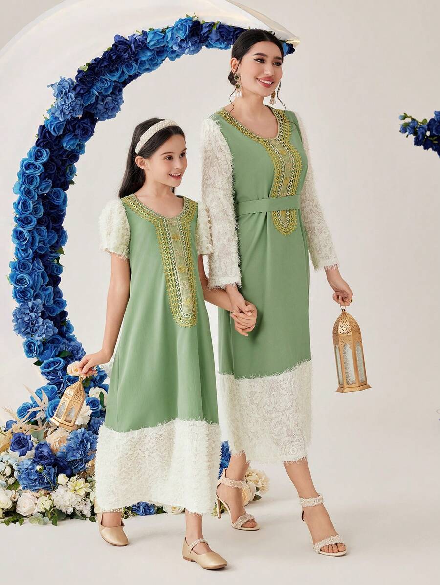 1 Pieza Vestido De Manga Corta Y Falda Con Aplicaciones Bordadas En Bloques De Color Y Borde Difuso Para Chicas Adolescentes - Verde - Ver 1
