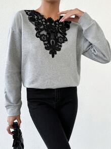 RueChic Women's Patchwork Lace Drop Shoulder Sweatshirt - Grey - View 3