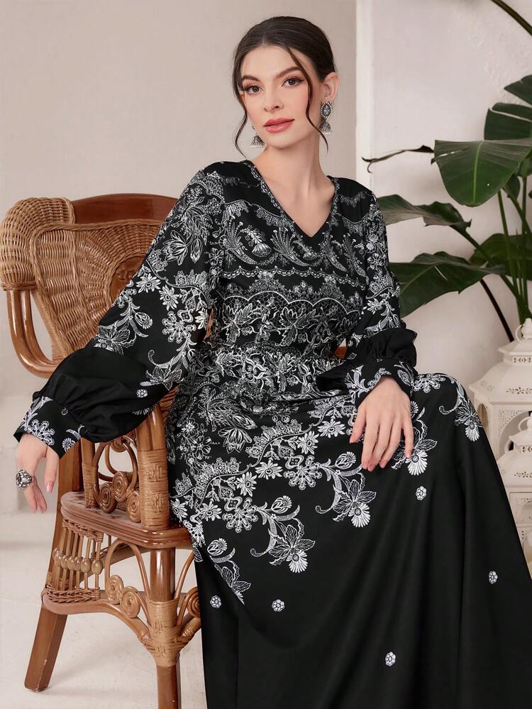 Women's Floral Print V-Neck Cinching Waist Dress