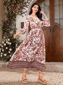 Seusyu Women's Floral Print Lantern Sleeve Arabian Style Dress With Cinching Waist - Yellow - View 4