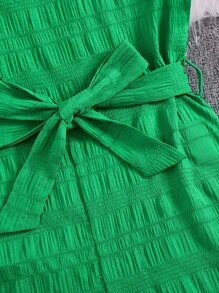 Mono de manga corta con cuello redondo y doble capa arrugada para niña preadolescente con fajín desmontable en la cintura - Verde - Ver 4