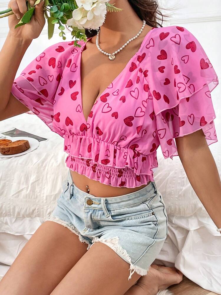 Heart Printed Peplum Hem Cropped Blouse