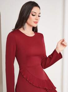 Modelyn Burgundy Red Women'S Solid Color Ruffle Trimmed Dress Long Evening Dresses
