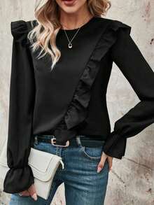 SHEIN Clasi 女士休閒波浪袖襯衫,帶襞邊 - 黑色 - 查看 3