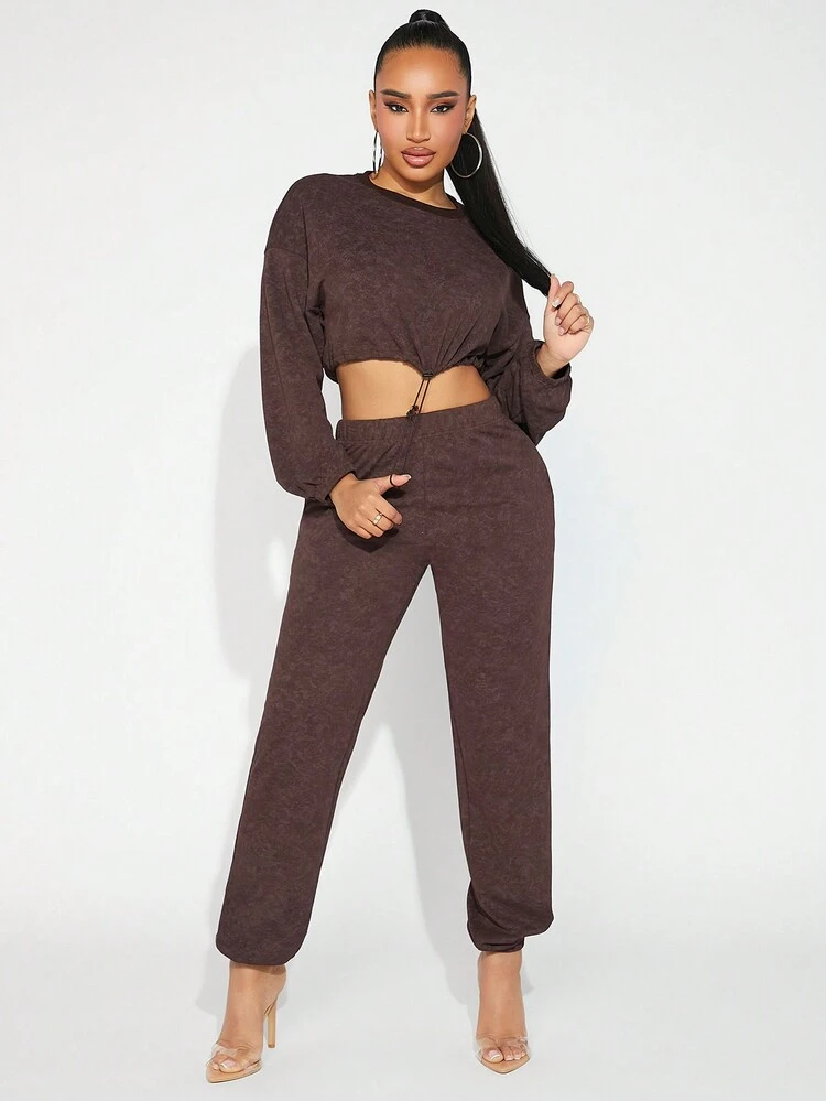 Women's Drop Shoulder Drawstring Pullover & Distressed Knitted Shorts Two Piece Set