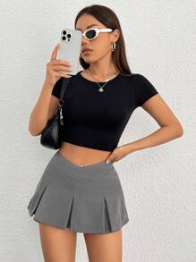 SHEIN PETITE Women'S Solid Color V-Shaped Waistband Pleated Mini Skirt