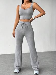 SHEIN Unity 缺角領短上衣+喇叭褲休閒套裝 - 灰色 - 查看 4