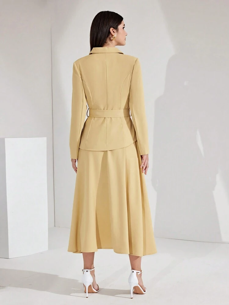 Women'S Solid Color Double Breasted Suit Jacket With Lapel Collar And Knee-Length Skirt