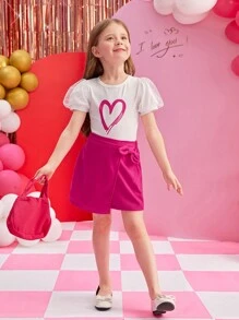 SHEIN Young Girl New Arrivals Heart Printed Mesh Panel Puff Sleeve T-Shirt And Asymmetrical Wrapped Skirt Set