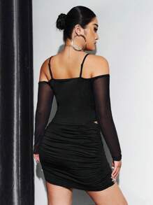 SHEIN ICON Ensemble top à épaules dénudées ajouré unie et jupe plissée grande taille - Noir - Voir 5