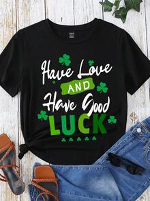 SHEIN EZwear Plus Size Casual Shamrock Slogan Saint Patrick's Day Printed Short Sleeve T-Shirt - Black - View 1
